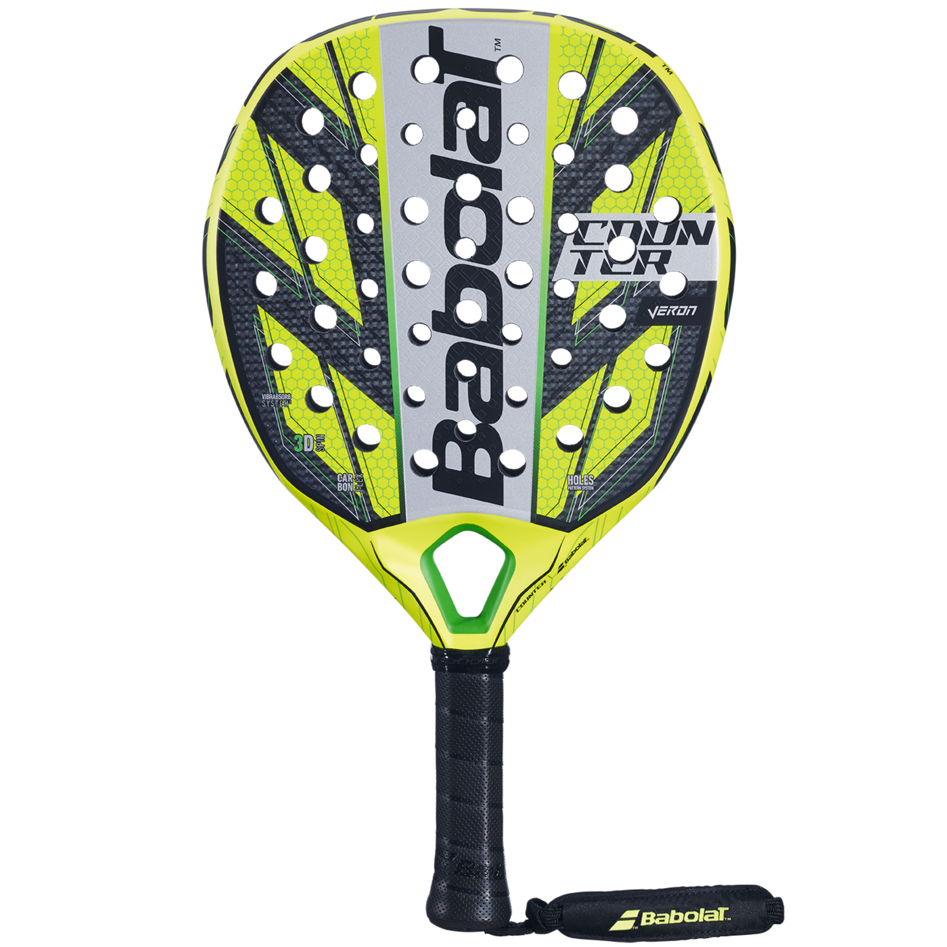 Detailed view of the Babolat Counter Veron Padel Racket showcasing its unique Carbon Flex technology.