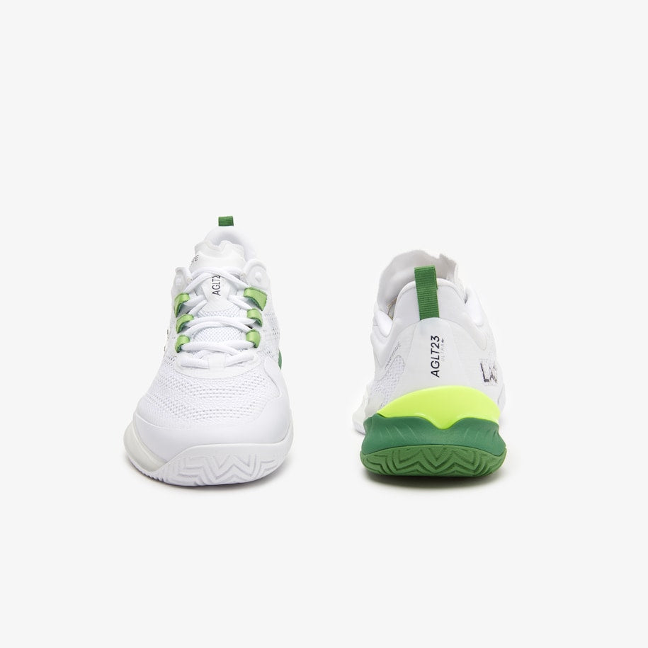 Stylish and dynamic Lacoste AG-LT23 Ultra Women's Tennis Shoes in White/Green, featuring signature crocodile branding on the quarter