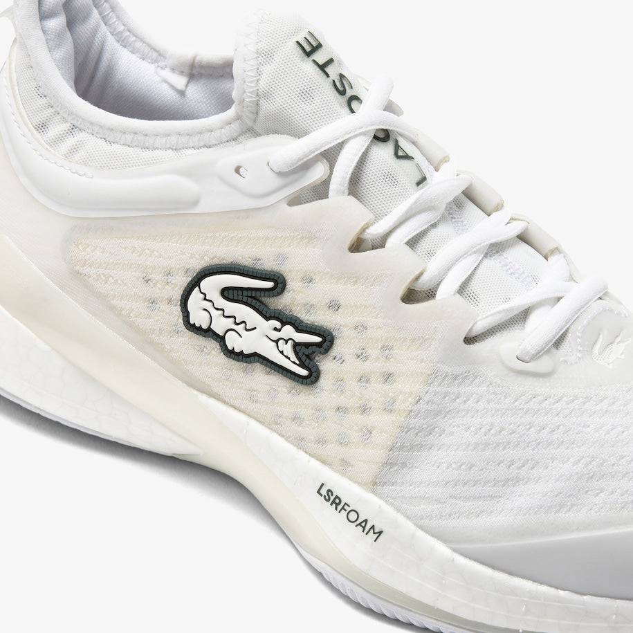 Stylish and dynamic Lacoste AG-LT23 Lite Women's Tennis Shoes in White, featuring signature crocodile branding on the quarter