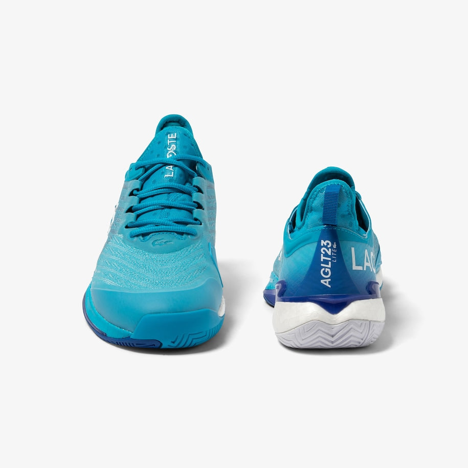 Lacoste AG-LT23 Lite Women's Tennis Shoes in Blue/White, showcasing engineered jacquard uppers for optimum breathability