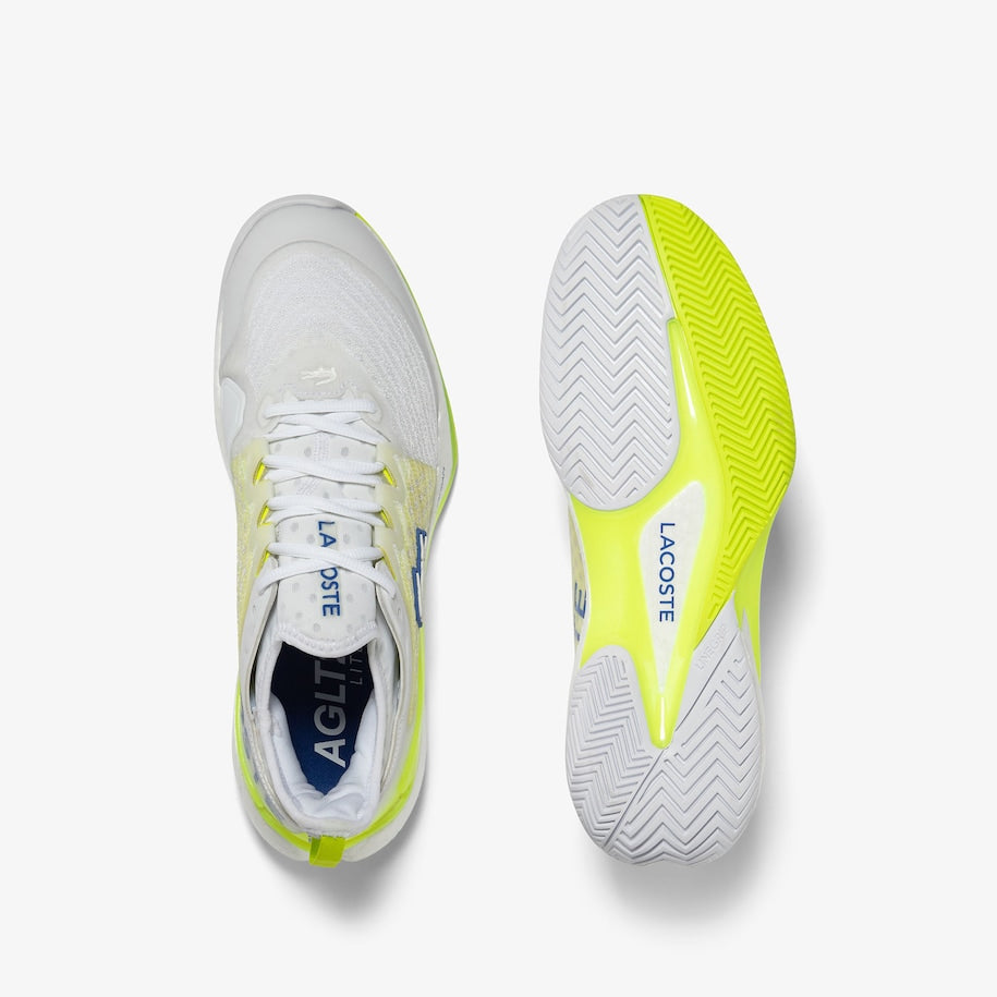 Lightweight Lacoste AG-LT23 Lite Men's Tennis Shoes in White/Yellow, offering enhanced agility for agile players