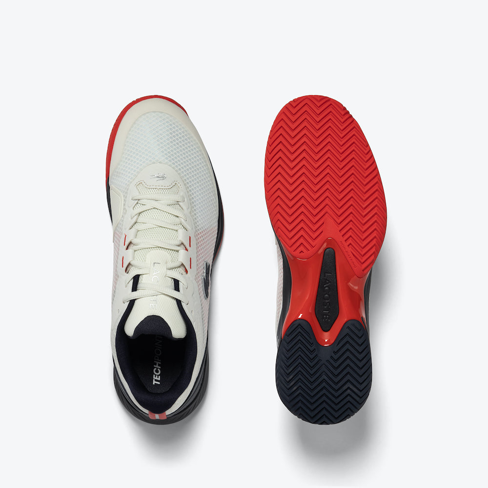 Game-changing Lacoste Tech Point Men's Tennis Shoes in White/Navy/Red, designed to enhance speed and agility on the court