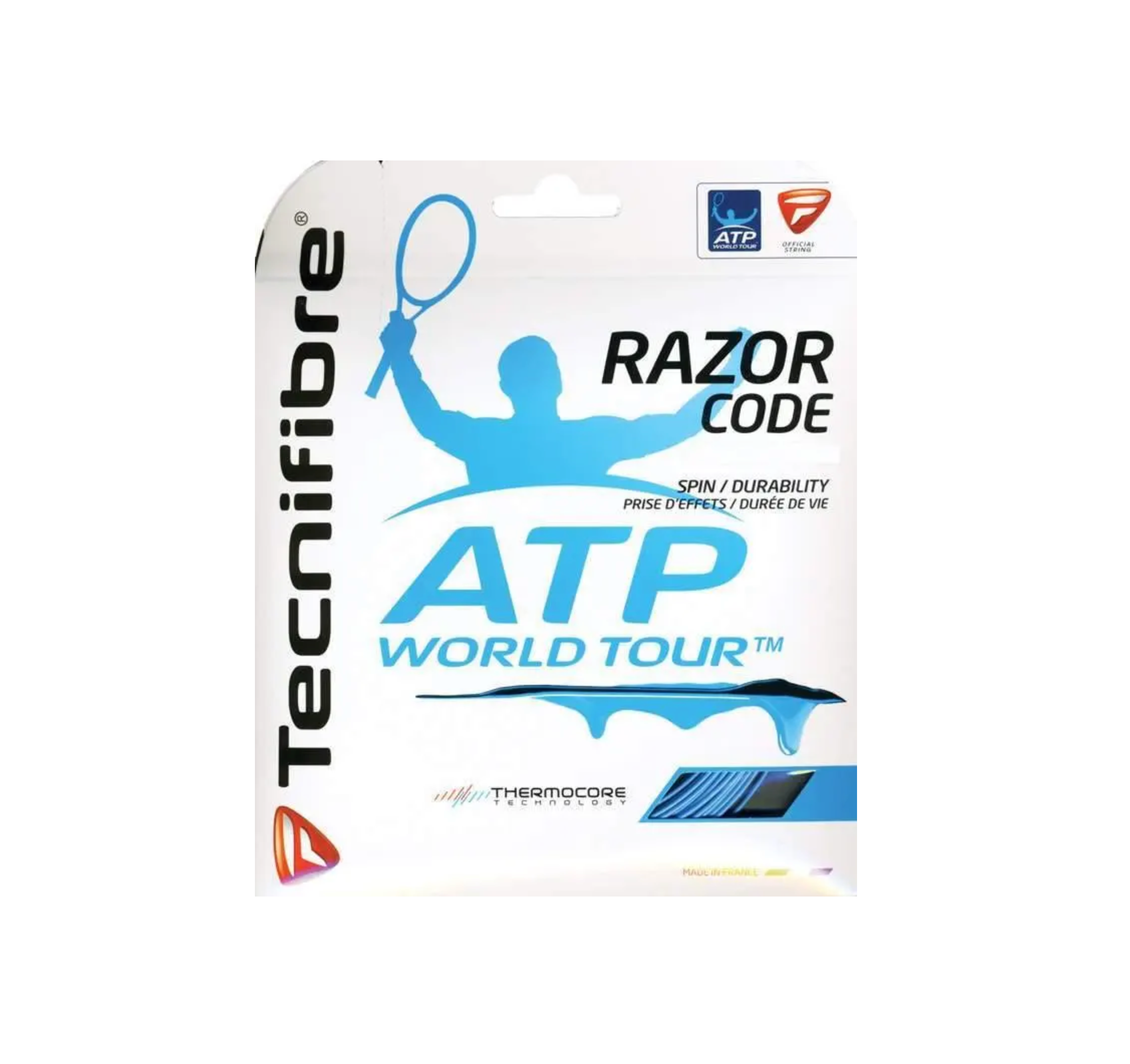 Full view of the white Tecnifibre Razor Code 18 Tennis String