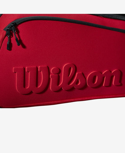 Striking Red Wilson Clash V2 Super Tour 6 Pack Tennis Bag with Embossed Wilson Logo